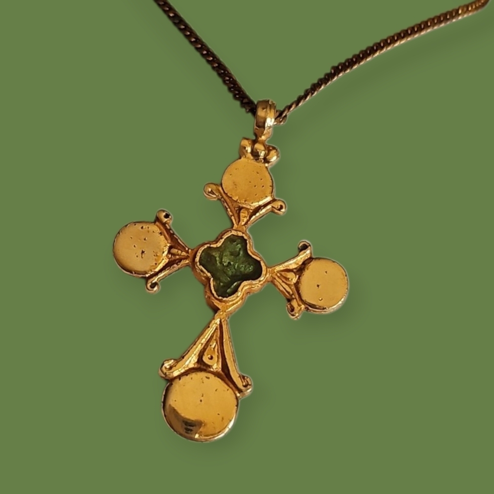 ALVA MUSEUM Greek Stylized Green Enamel Cross Pendant Necklace